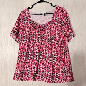 JM Collection Blouse Woman 1X Pink Leaf Print  Short Sleeve Workwear